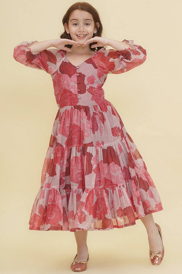 Girl's Maroon Floral Printed Silk Dress