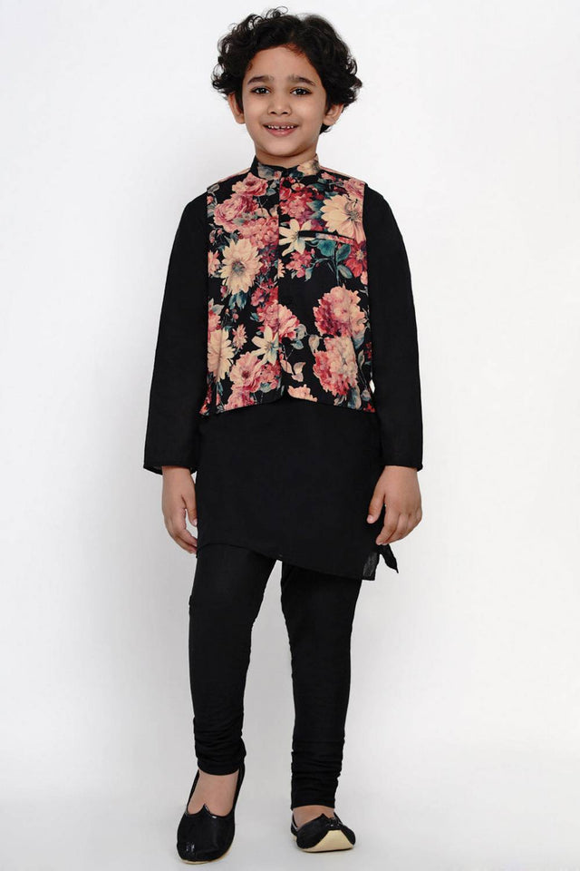 Boy's Black Floral Printed Cotton Kurta Set