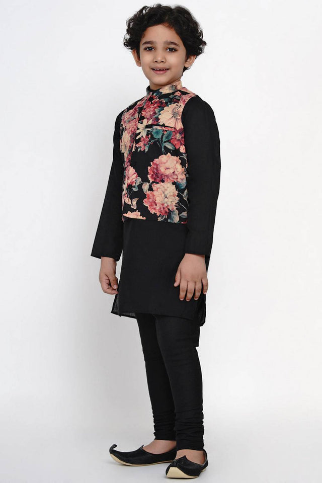 Boy's Black Floral Printed Cotton Kurta Set