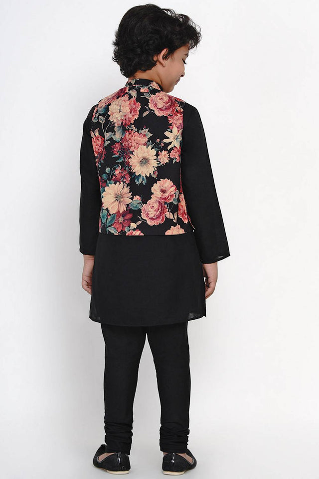 Boy's Black Floral Printed Cotton Kurta Set