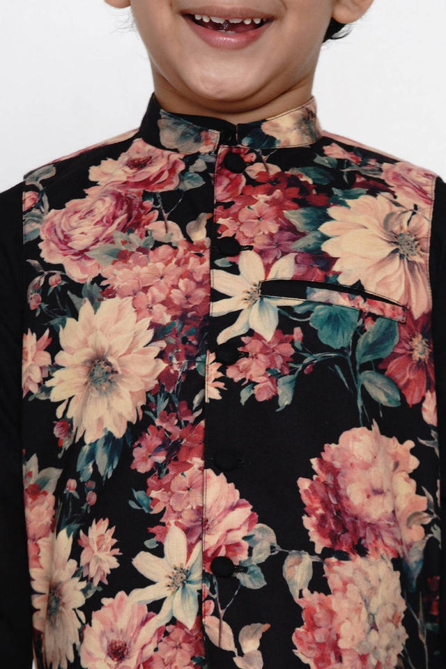 Boy's Black Floral Printed Cotton Kurta Set