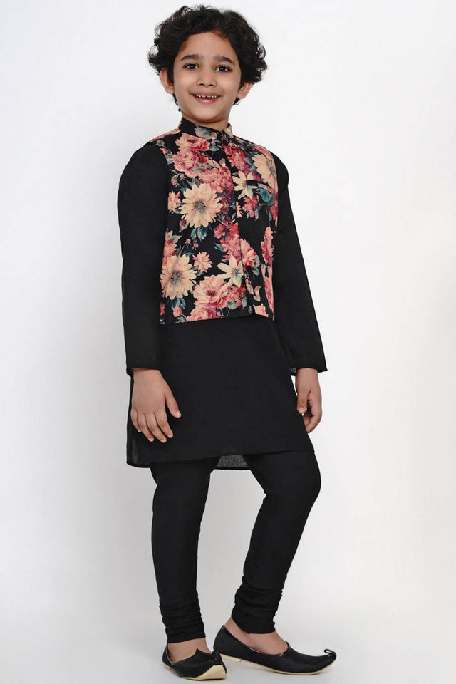 Boy's Black Floral Printed Cotton Kurta Set
