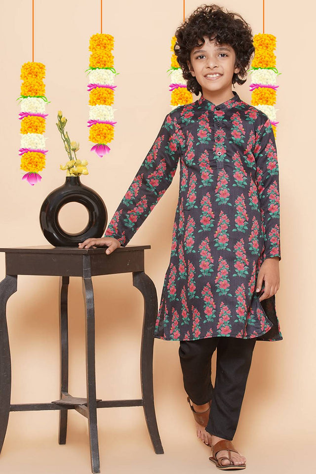 Boy's Black Floral Printed Silk Kurta Set