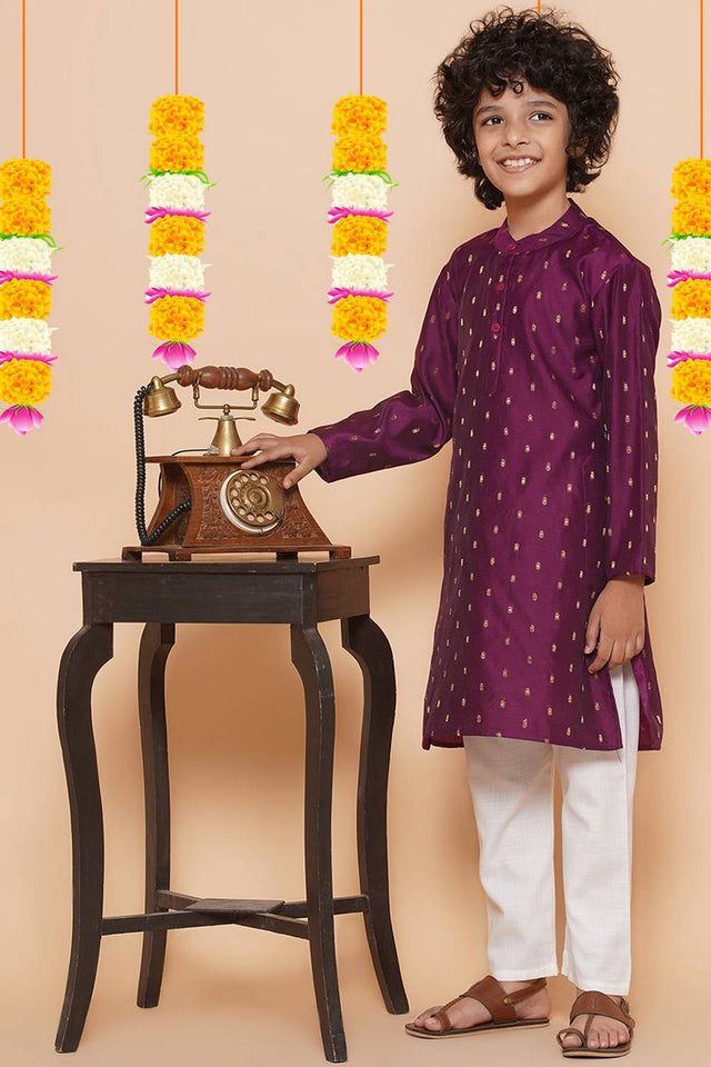 Boy's Violet Woven Silk Kurta Set