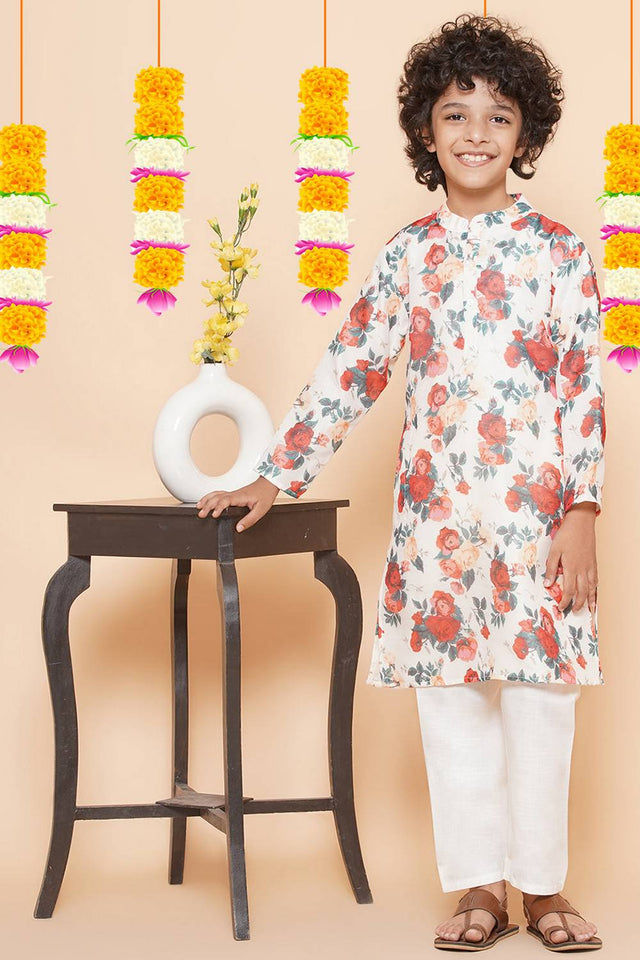 Boy's White Floral Printed Silk Kurta Set