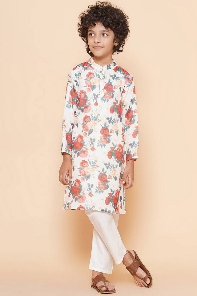 Boy's White Floral Printed Silk Kurta Set