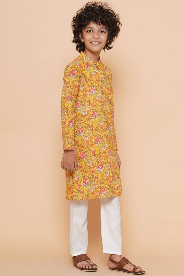 Boy's Mustard Floral Printed Cotton Kurta Set