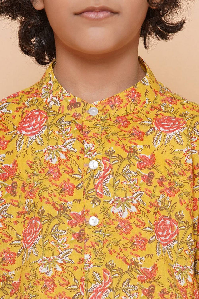 Boy's Mustard Floral Printed Cotton Kurta Set