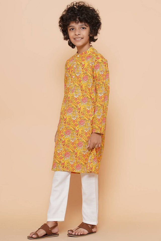 Boy's Mustard Floral Printed Cotton Kurta Set