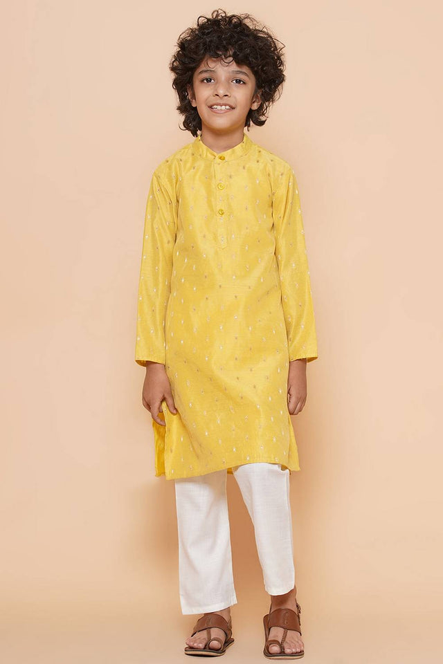 Boy's Yellow Woven Silk Kurta Set