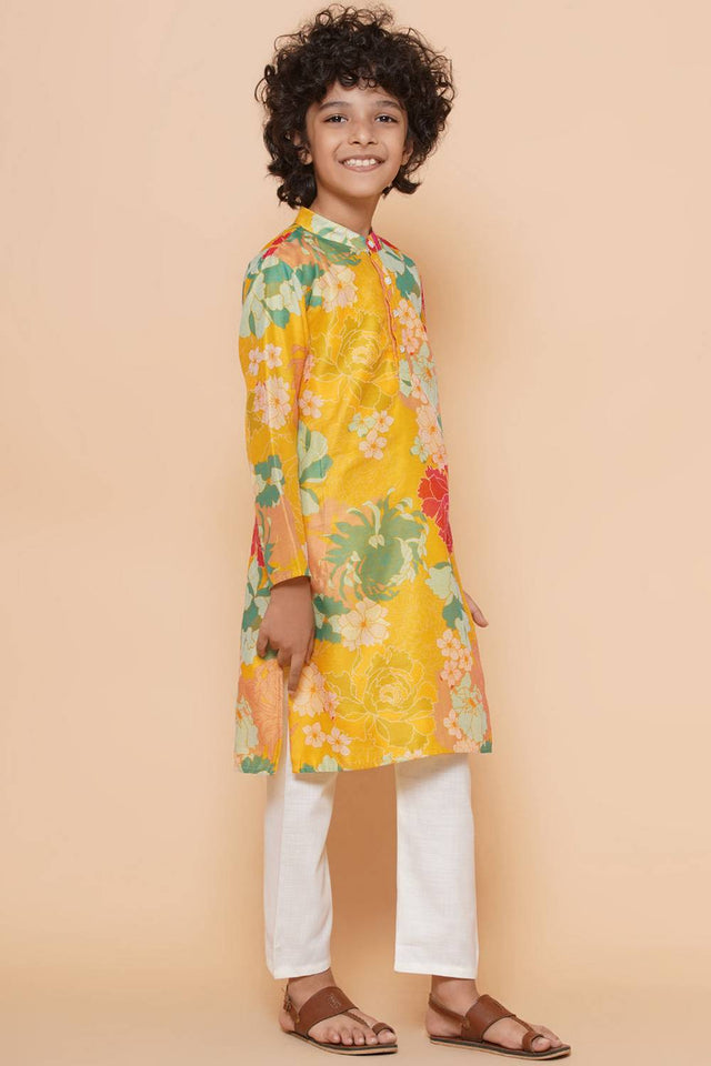 Boy's Yellow Floral Printed Silk Kurta Set