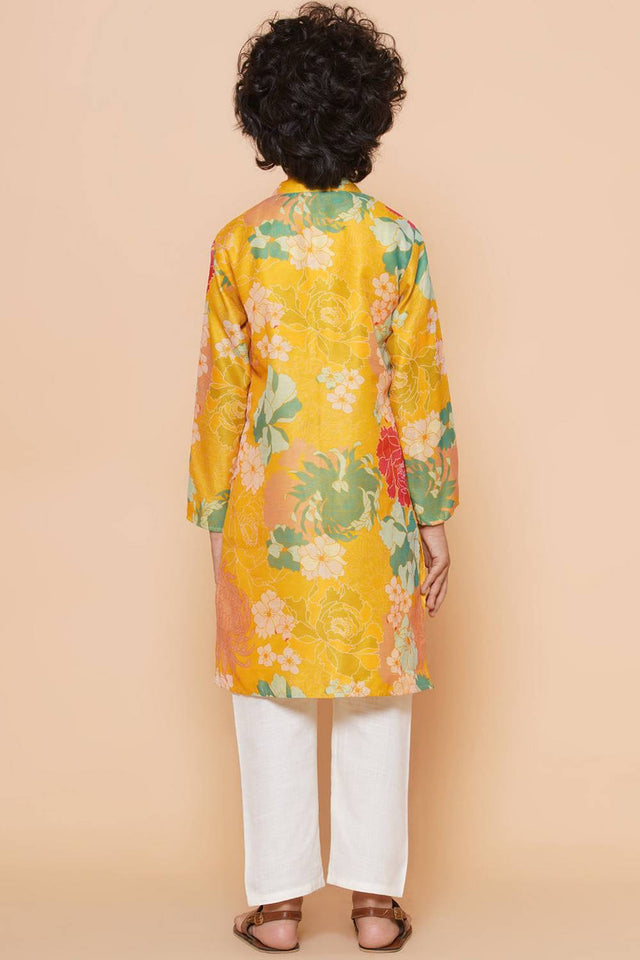 Boy's Yellow Floral Printed Silk Kurta Set
