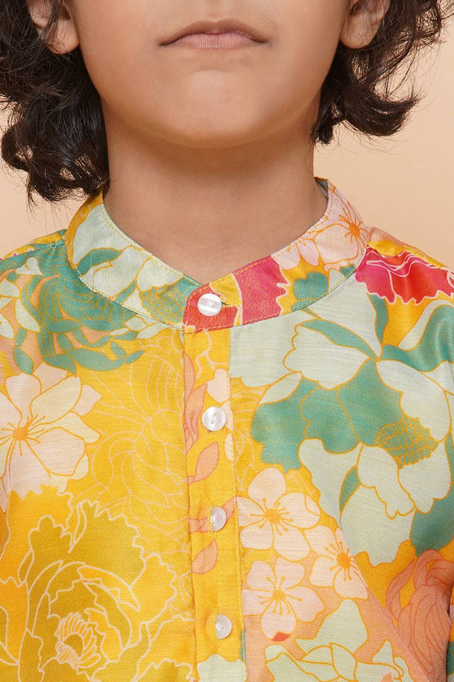 Boy's Yellow Floral Printed Silk Kurta Set