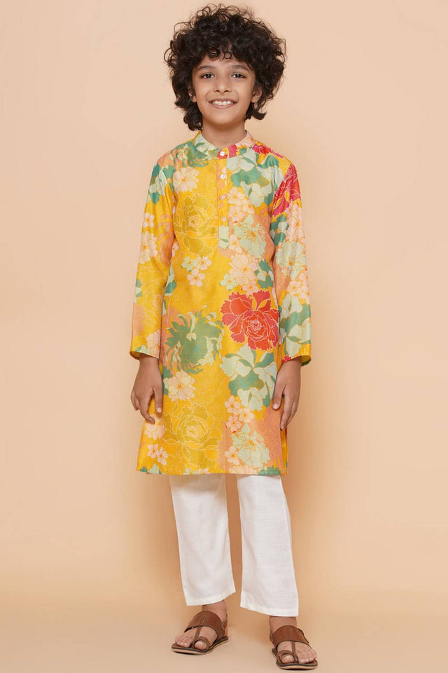Boy's Yellow Floral Printed Silk Kurta Set