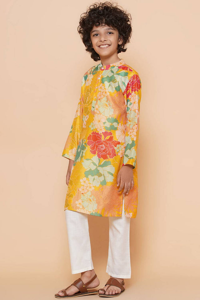 Boy's Yellow Floral Printed Silk Kurta Set