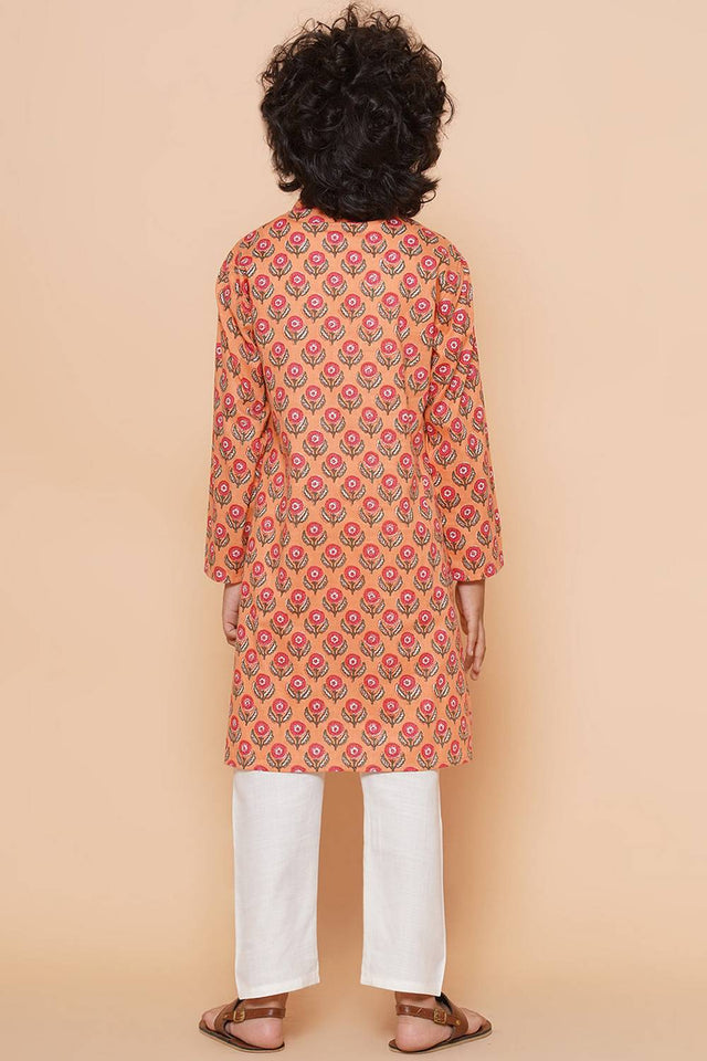 Boy's Peach Floral Printed Cotton Kurta Set