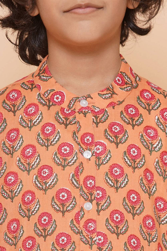 Boy's Peach Floral Printed Cotton Kurta Set