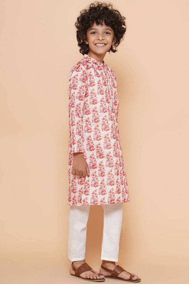 Boy's White Floral Printed Silk Kurta Set