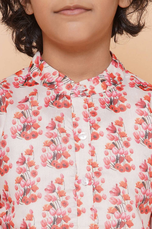 Boy's White Floral Printed Silk Kurta Set