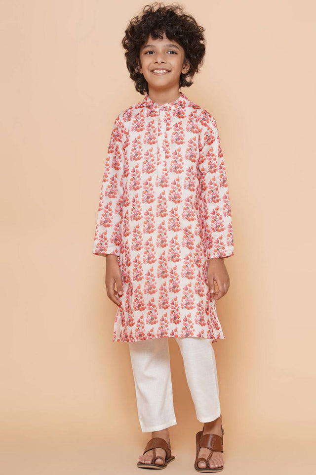 Boy's White Floral Printed Silk Kurta Set