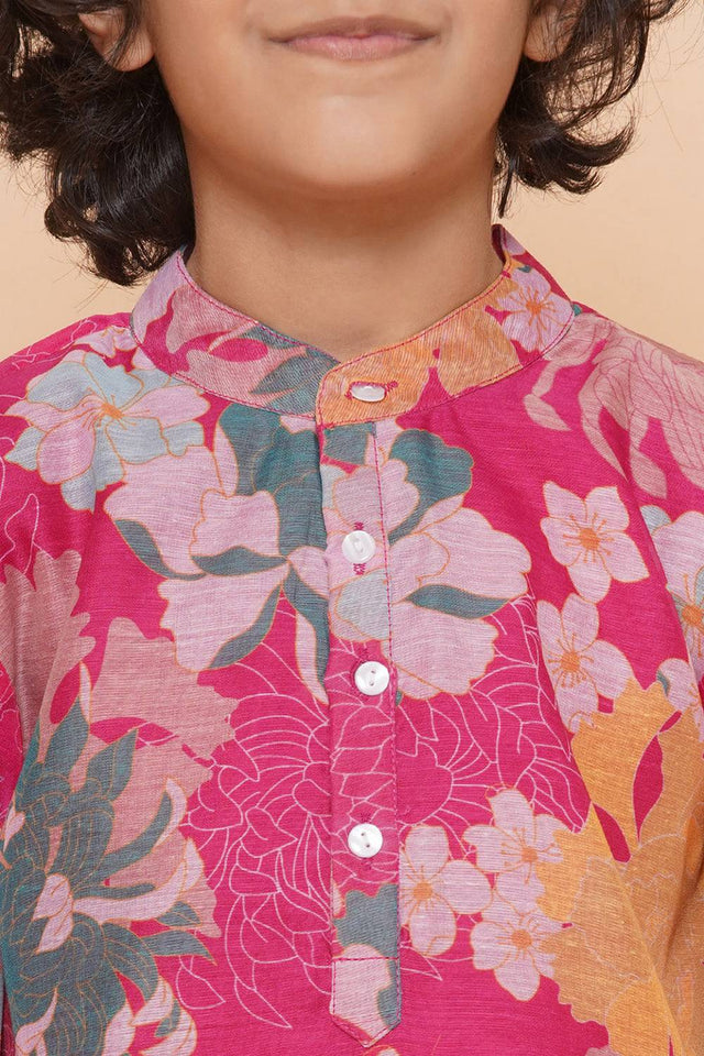 Boy's Pink Floral Printed Silk Kurta Set