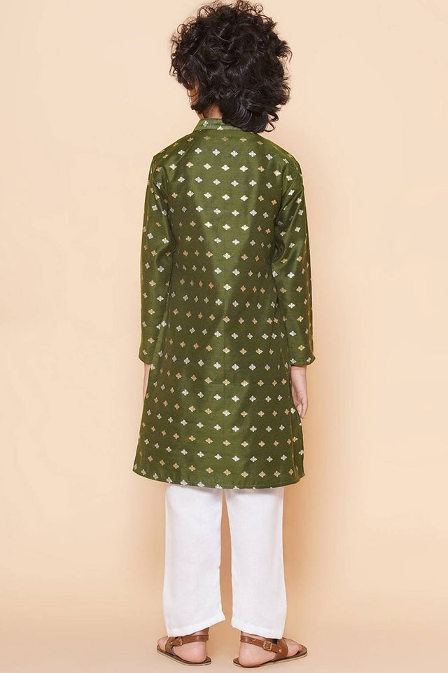 Boy's Green Woven Silk Kurta Set