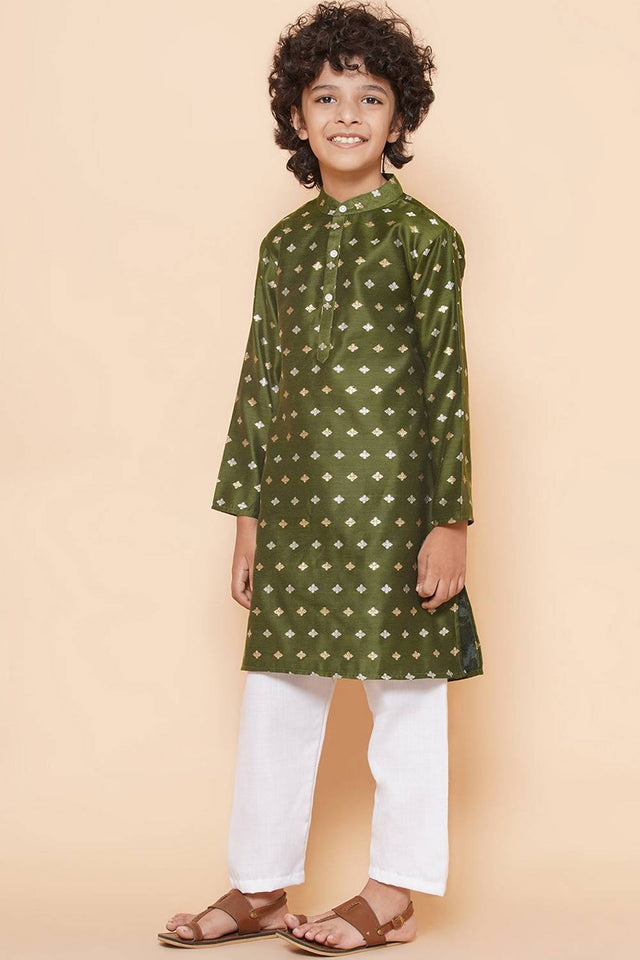 Boy's Green Woven Silk Kurta Set