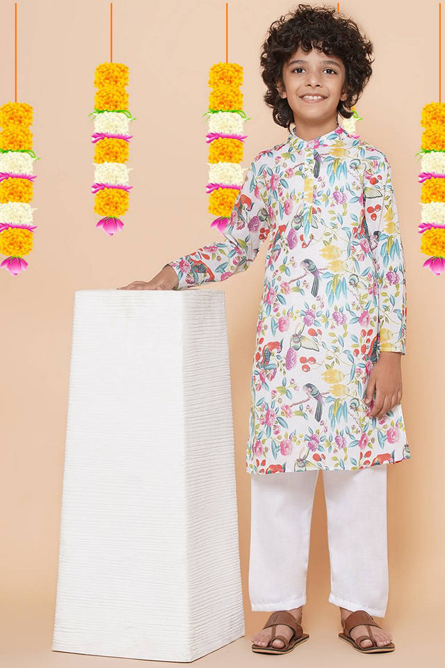 Boy's White Floral Printed Cotton Kurta Set