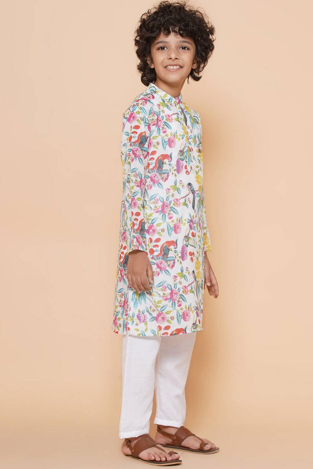 Boy's White Floral Printed Cotton Kurta Set