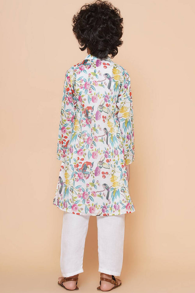 Boy's White Floral Printed Cotton Kurta Set