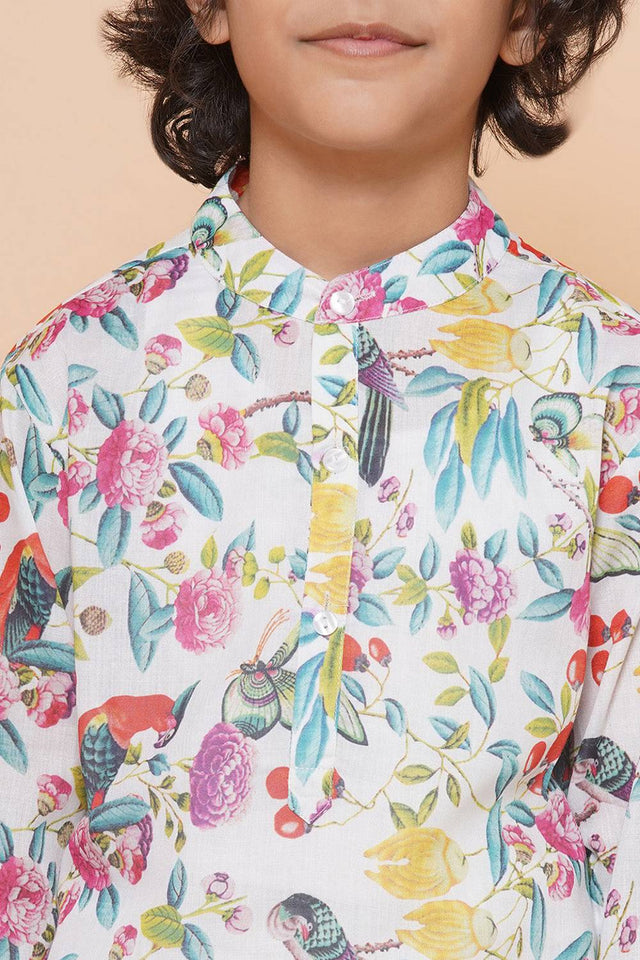 Boy's White Floral Printed Cotton Kurta Set