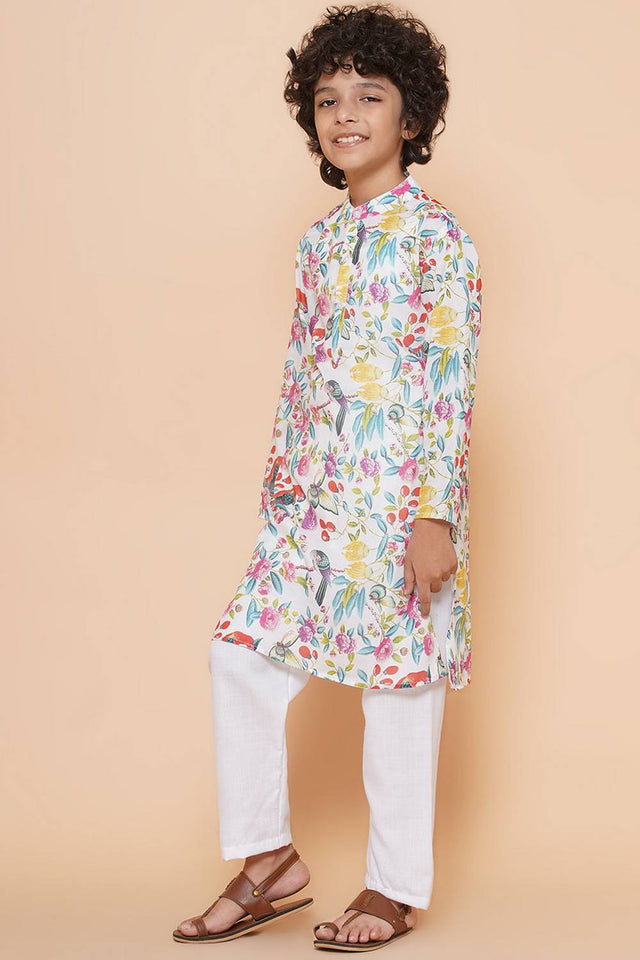 Boy's White Floral Printed Cotton Kurta Set
