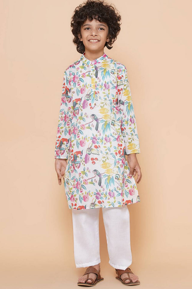 Boy's White Floral Printed Cotton Kurta Set