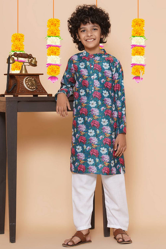 Boy's Green Floral Printed Silk Kurta Set