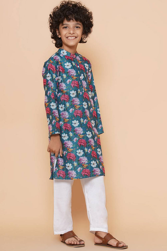 Boy's Green Floral Printed Silk Kurta Set
