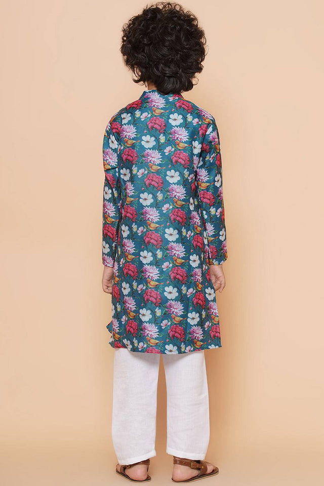 Boy's Green Floral Printed Silk Kurta Set