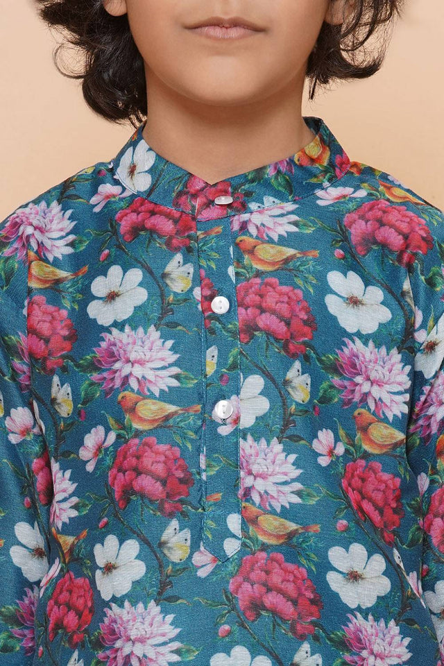 Boy's Green Floral Printed Silk Kurta Set