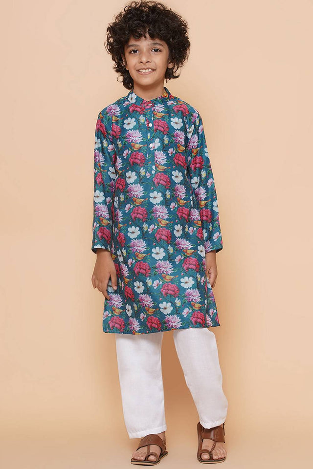 Boy's Green Floral Printed Silk Kurta Set