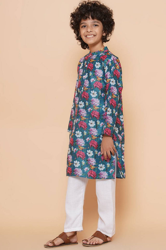 Boy's Green Floral Printed Silk Kurta Set
