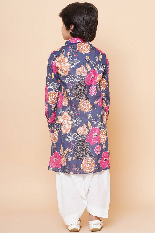 Girl's Grey Floral Printed Cotton Kurta Set