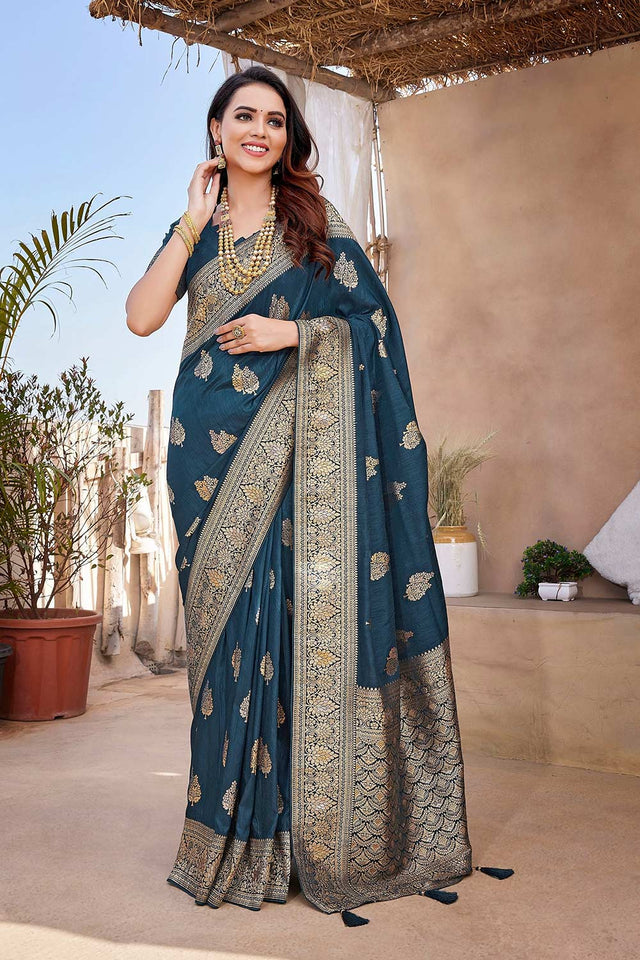 Blue Silk Blend Zari Saree
