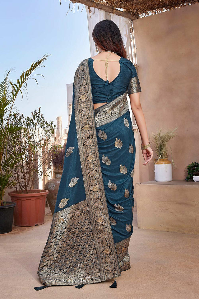 Blue Silk Blend Zari Saree