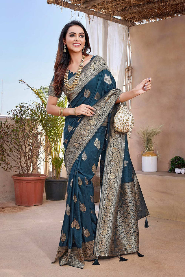 Blue Silk Blend Zari Saree