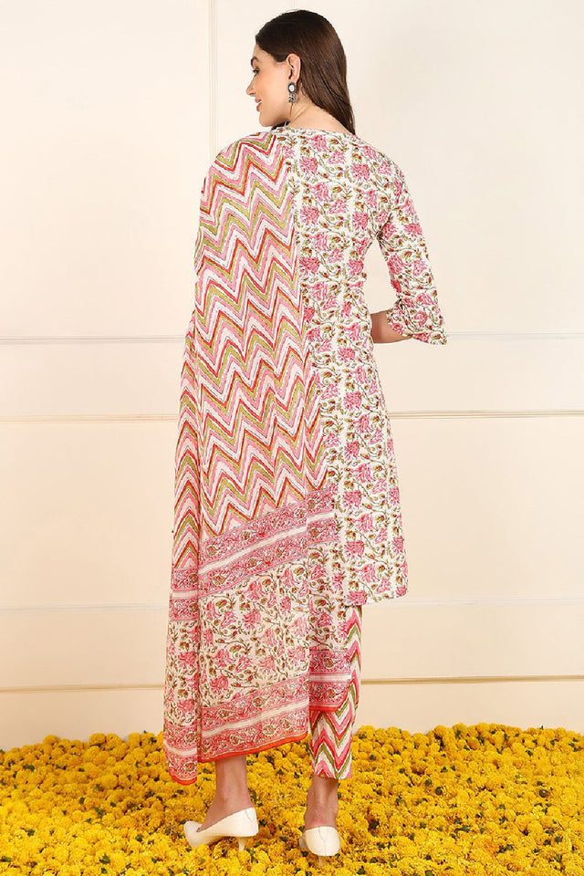 Pink Cotton Floral Printed Straight Cut Suit Set