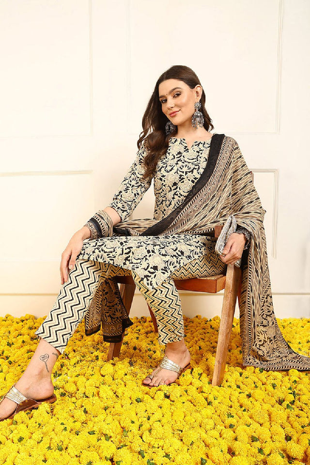 Black Pure Cotton Floral Printed Straight Cut Suit Set