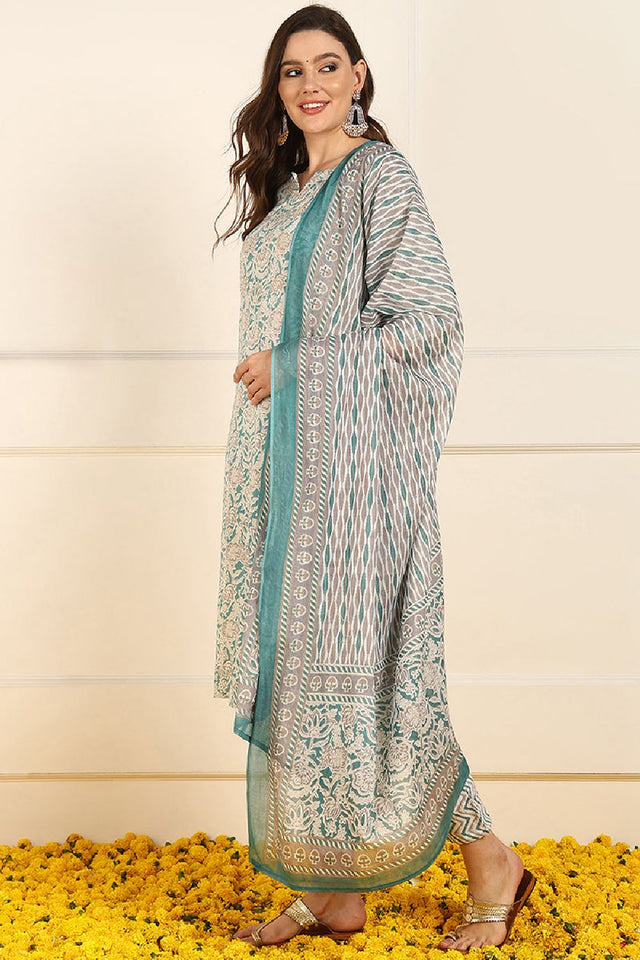 Teal Pure Cotton Floral Printed Straight Cut Suit Set