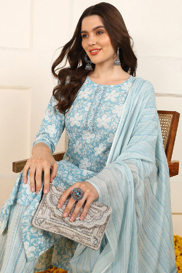 Blue Cotton Floral Printed Straight Cut Suit Set