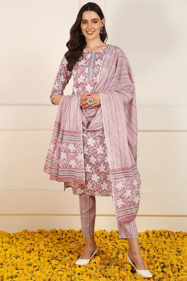Pink Cotton Floral Printed Straight Cut Suit Set