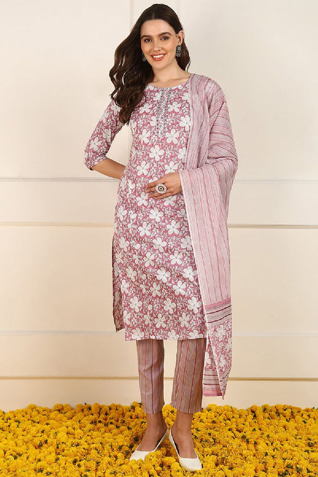 Pink Cotton Floral Printed Straight Cut Suit Set