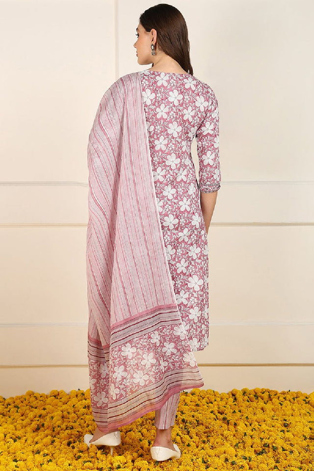 Pink Cotton Floral Printed Straight Cut Suit Set